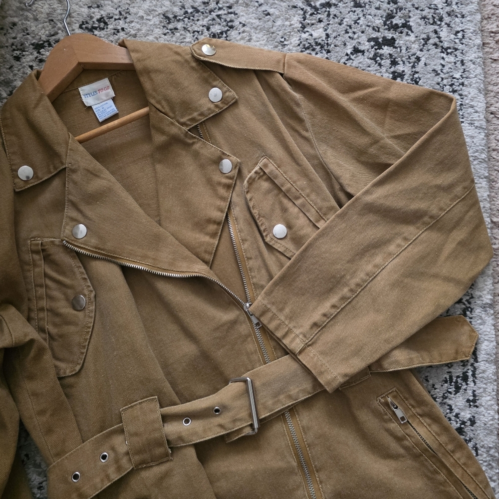 Vintags 90s Styles To Go Moto Cargo Utility Jacket With Belt Womens Tan Cotton